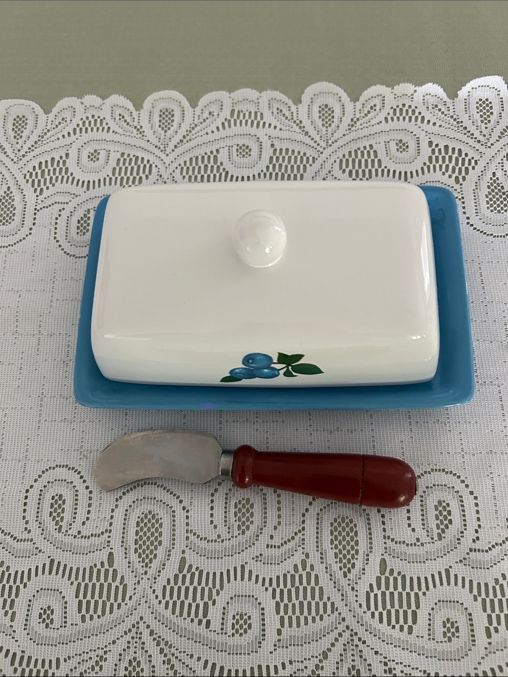 Blueberry Motif Ceramic Butter Dish with Blue Base 8x5 in few call outs - Picture 3 of 11
